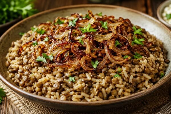 Mujaddara — Lebanese lentils and rice with caramelized onions