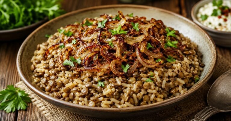 Mujaddara — Lebanese lentils and rice with caramelized onions
